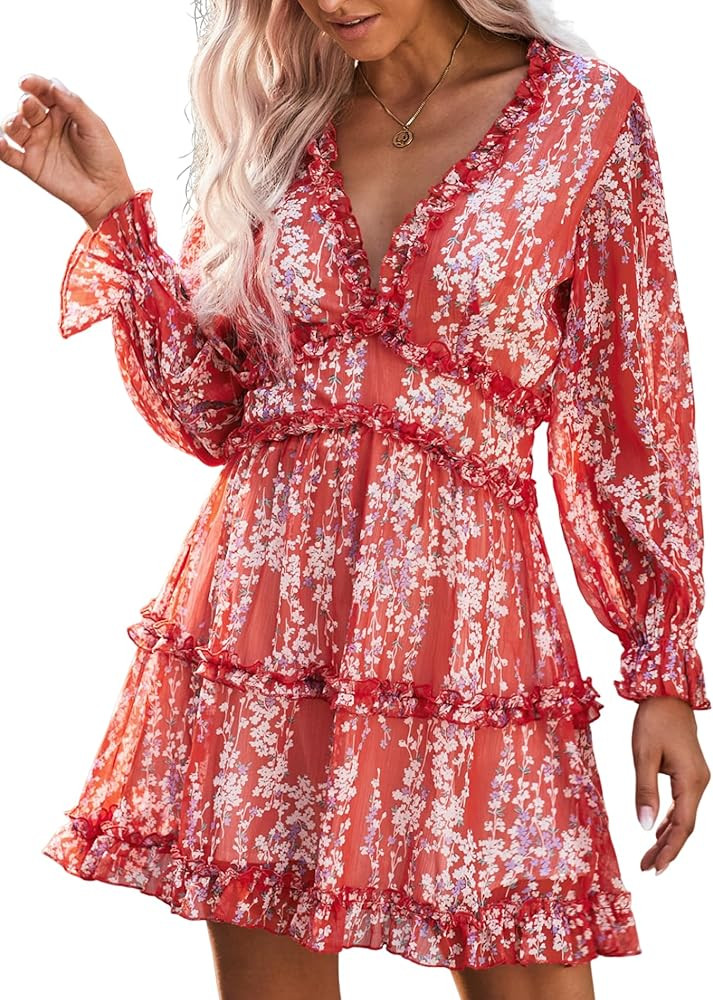 Xicks Dresses for Women 2023 Spring Summer Deep V-Neck Ruffle Long Sleeve Floral Print Mini Dress | Amazon (US)