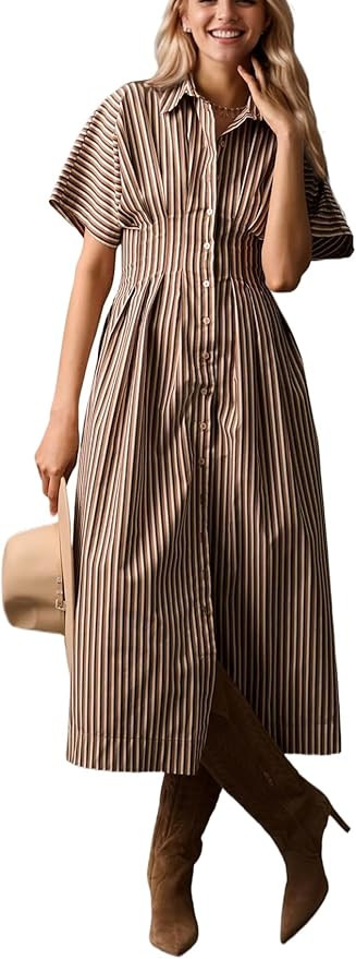 Women Striped Button Down Pleated Shirt Dress Summer Short Sleeve Ruffle A Line Swing Long Blouse... | Amazon (US)