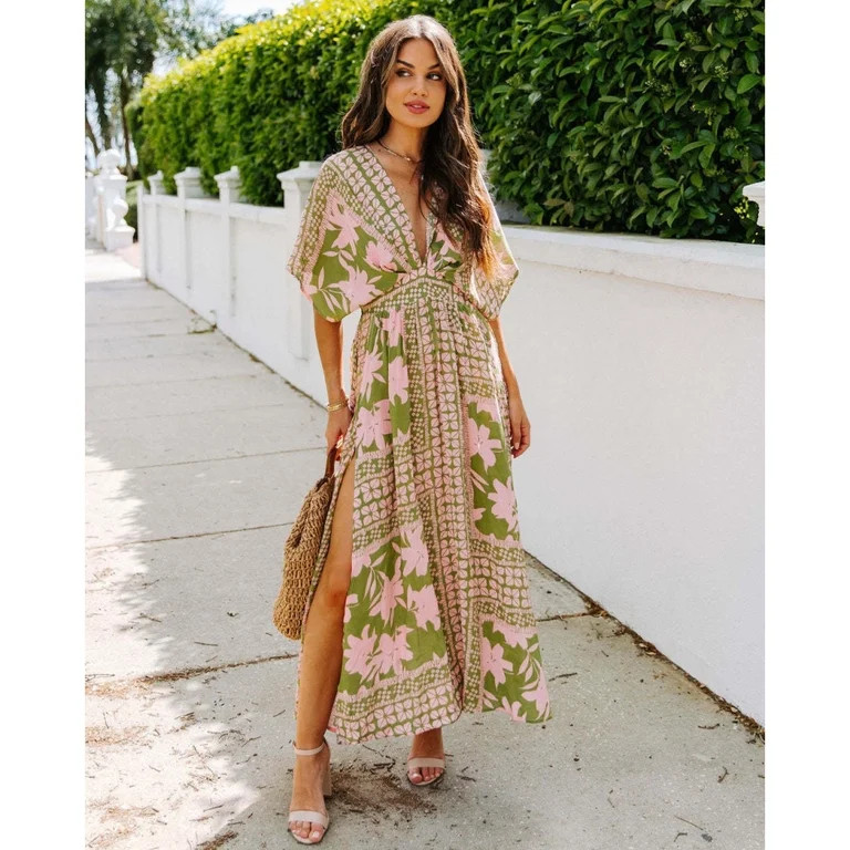 Women's Slim Fit Floral Print Dress, Summer V-Neck Dress, Vacation Style | Walmart (US)