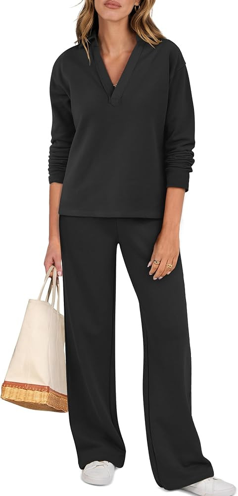 ANRABESS Lounge Sets for Women 2 Piece Outfits Sweatsuit Set Fall V Neck Sweatshirts Wide Leg Pan... | Amazon (US)