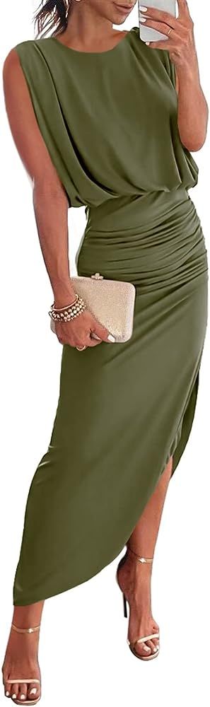 ANRABESS Women 2023 Summer Sleeveless Ruch Bodycon High Waist Asymmetric Slit Cocktail Maxi Dress | Amazon (US)