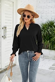 Women's Long Sleeve V Neck Tunic Tops Puff Short Sleeve Casual Loose Solid/Floral Tunic Blouse Sh... | Amazon (US)