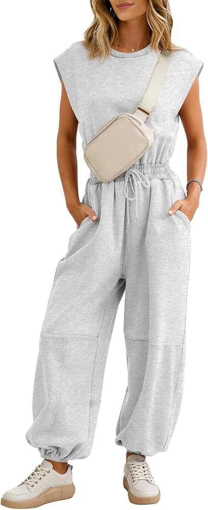 Flygo Womens Casual Jumpsuit Crewneck Cap Sleeve Long Wide Leg Pants One Piece Outfits Drawstring... | Amazon (US)