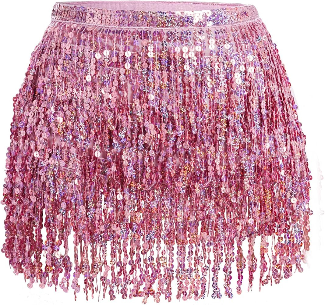 Belly Dance Hip Scarf Sequin Tassel Skirt Wrap Sparkly Rave Costume for Women | Amazon (US)