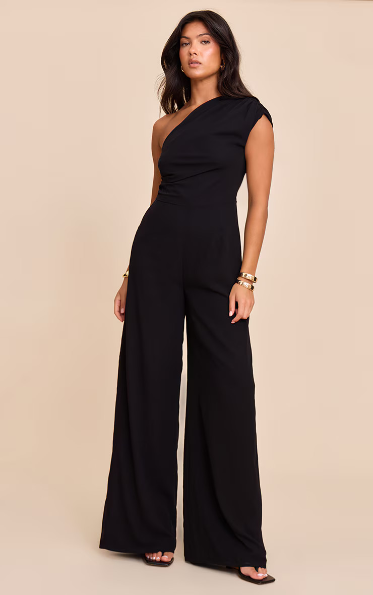 Black Chiffon One Shoulder Ruched Jumpsuit | PrettyLittleThing US
