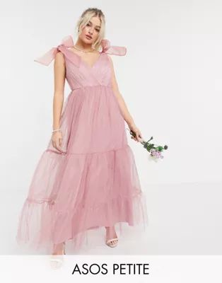 ASOS DESIGN Petite tulle bow tie tiered maxi dress in rose | ASOS | ASOS (Global)