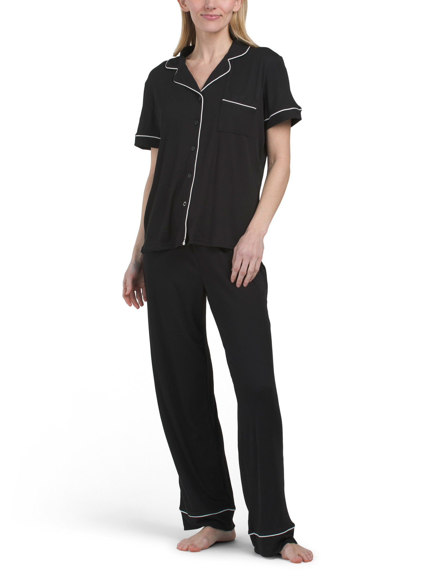 2pc Ribbed Short Sleeve Notch Collar Pajama Top And Pants Set | TJ Maxx