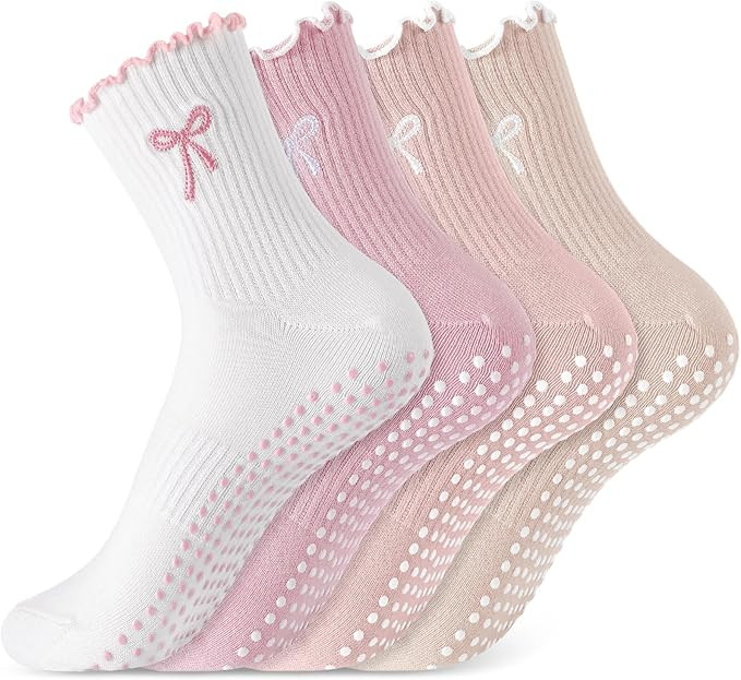 Jeyiour 4 Pairs Cute Pilates Grip Socks for Women, Ruffle Non Slip Crew Grippy Yoga Socks with Bo... | Amazon (US)