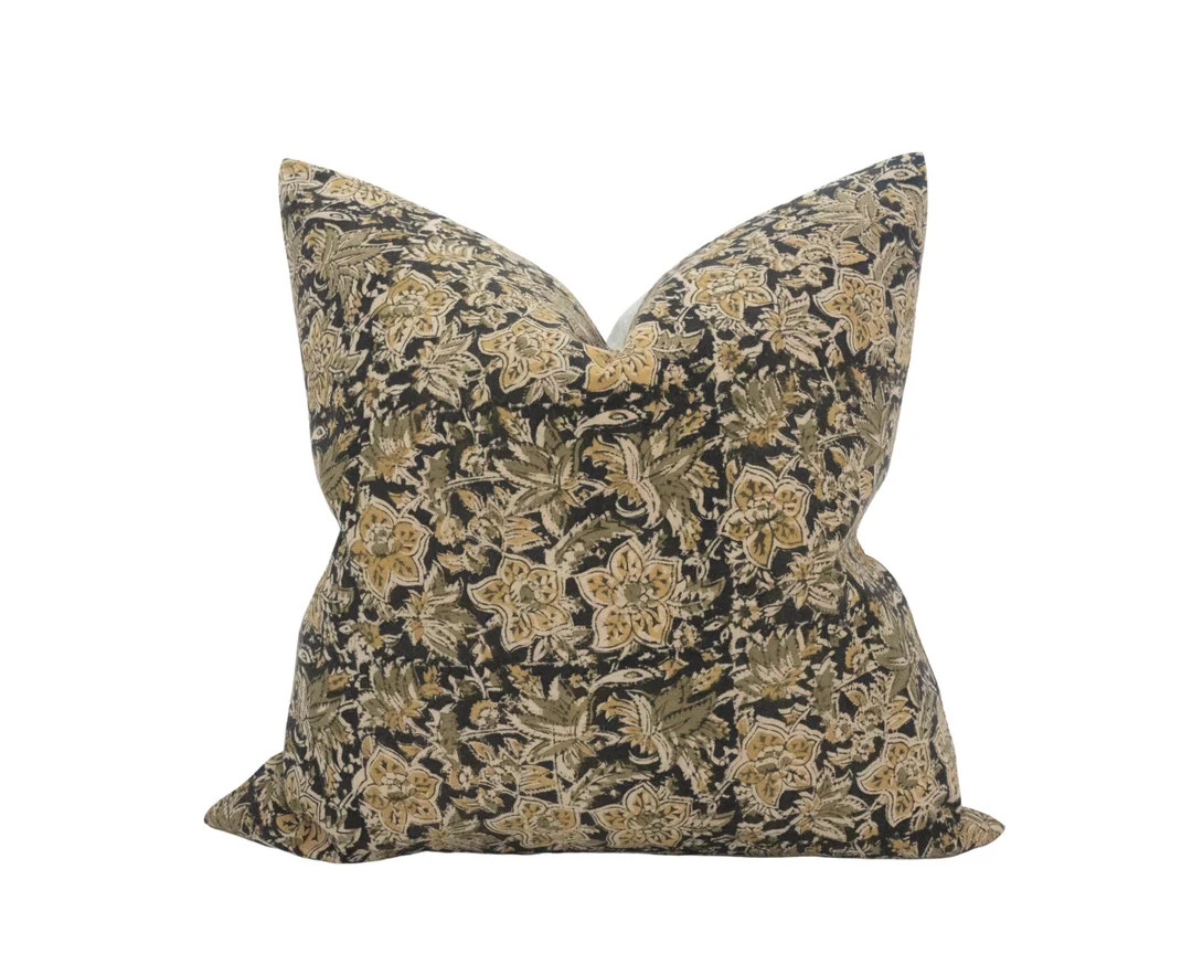 MANDO || Block Print Pillow Cover Olive Floral Pillow Cover Black Floral Pillow Moody Floral Pill... | Etsy (CAD)