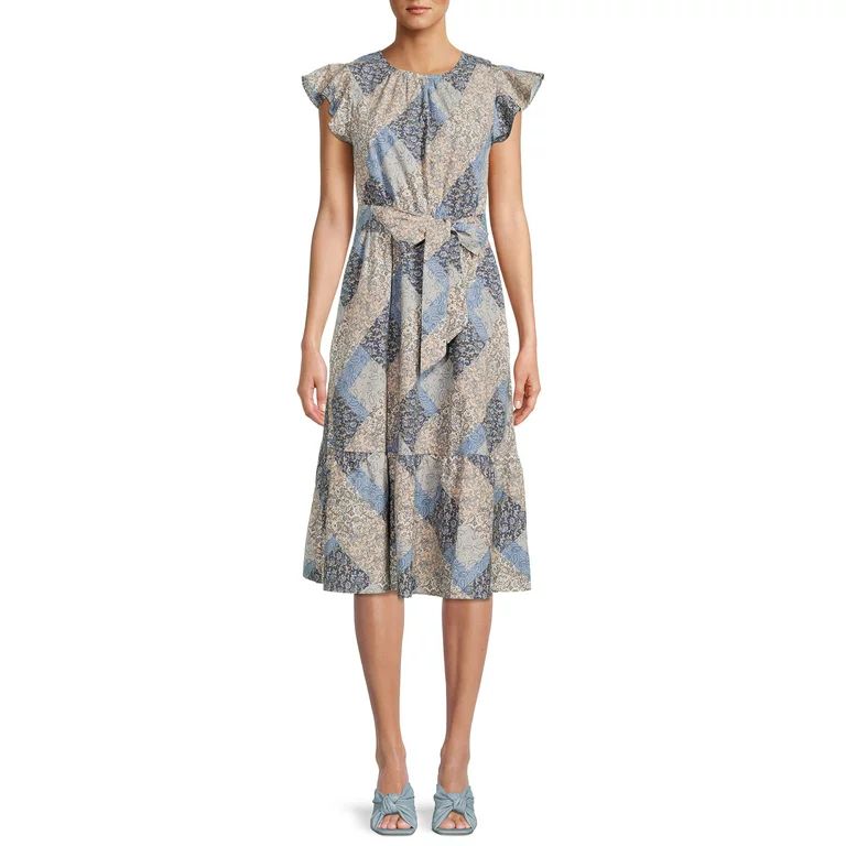 Time and Tru Women's Printed Midi Dress with Flutter Sleeves | Walmart (US)