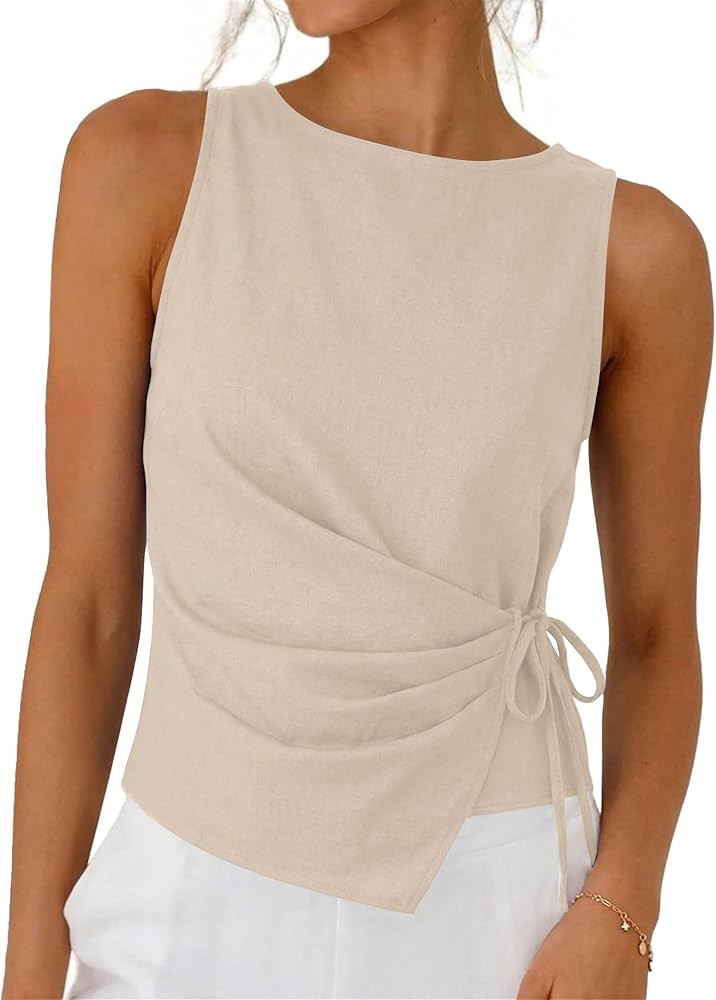 Womens Linen Cotton Crop Tank Tops Tie Wrap Sleeveless Ruched Boat Neck Shirts Casual Summer Beac... | Amazon (US)