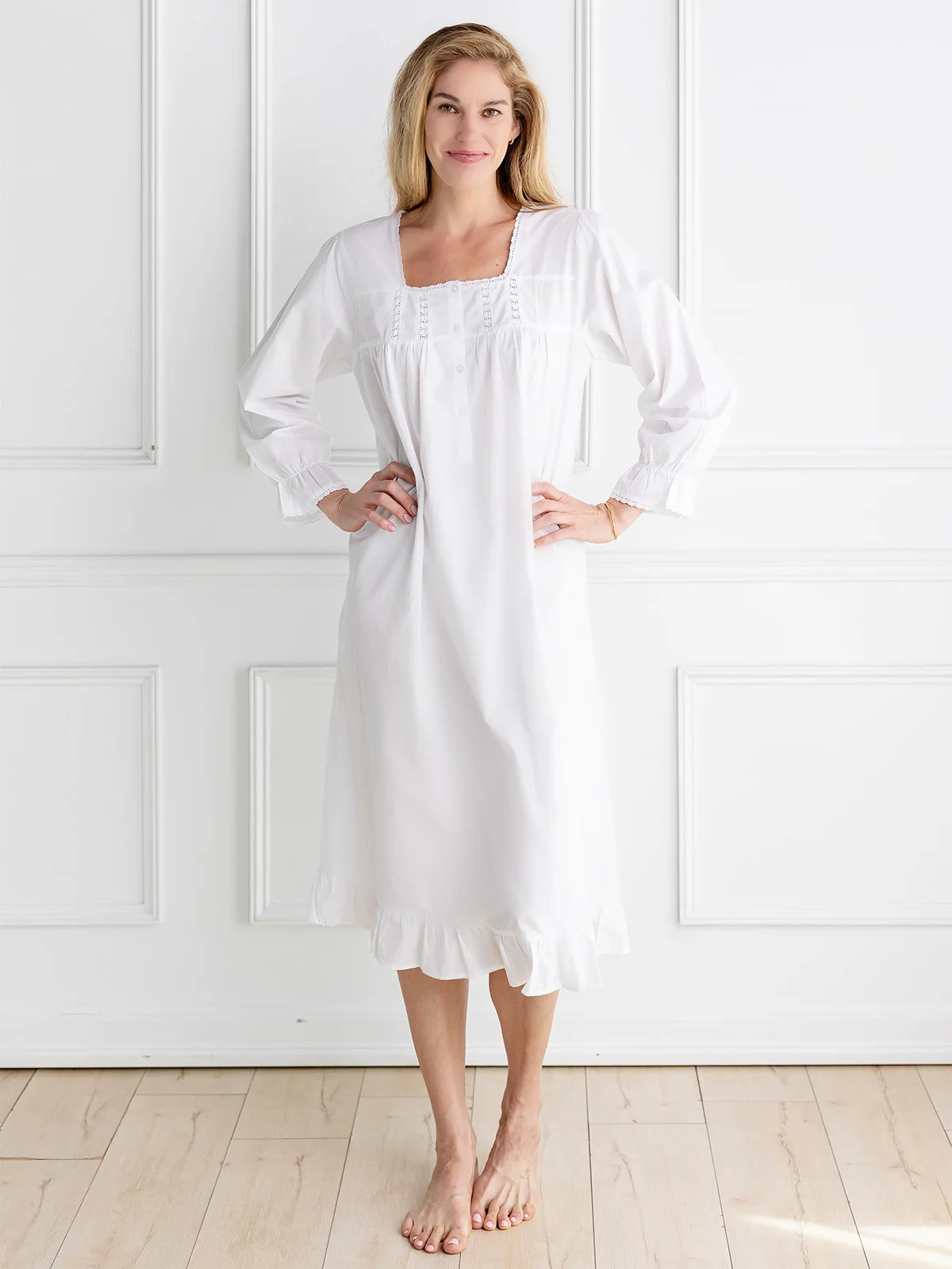 Tessa Nightgown - Long Sleeve, Square Neck with Lace Trim, Buttons, Short Ruffle Hem, Jacaranda L... | Jacaranda Living