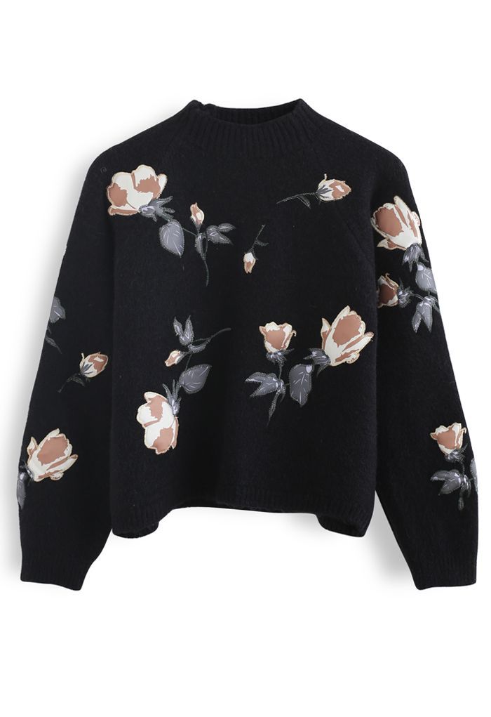 Digital Floral Print Embroidered Knit Sweater in Black | Chicwish