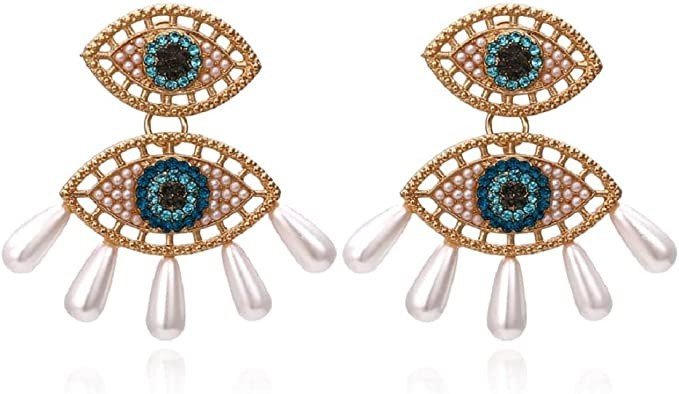 Eye Earrings for Women, Evil Eye Tassel Earrings for Girls, Beaded Pearl Eye Dangle Earrings Hypo... | Amazon (US)