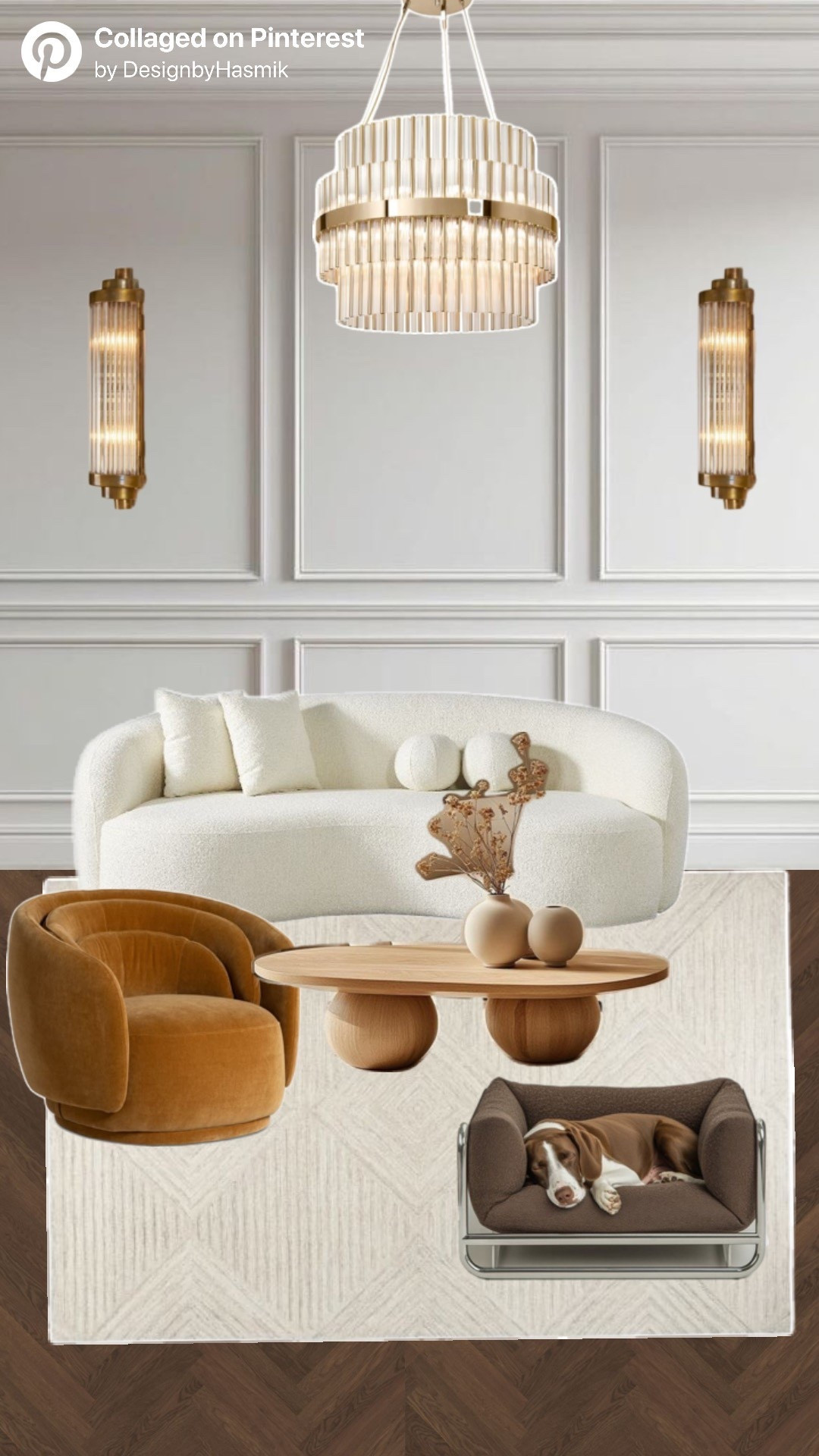 ✨ Shop the Look ✨ This curated modern living room design brings together timeless elegance with cozy sophistication. The focal point is the curved white boucle sofa, a statement piece that radiates soft minimalism while creating an inviting seat for family and guests. Paired with a plush caramel velvet swivel chair, the warm tone adds contrast, depth, and mid-century charm.

The round wood coffee table with sculptural sphere legs ties the space together, perfectly styled with neutral ceramic vases and dried florals for an earthy, organic touch. Overhead, the tiered crystal chandelier with gold accents creates a glamorous glow, balanced by matching brass wall sconces that frame the room with refined symmetry.

Layered beneath is a geometric ivory area rug, adding subtle texture and grounding the arrangement while complementing the rich dark herringbone wood floors. Even the details are thoughtful the chic modern pet bed ensures your furry friend rests in comfort without compromising style.

This design blends contemporary, modern luxe, and cozy minimalism, making it perfect for homeowners who want a space that feels polished yet livable. 🏡✨

#LTKhome #LTKinterior #LTKhomedecor #livingroominspo #modernlivingroom #bouclesofa #velvetchair #homedesign #interiorinspo #neutraldecor #homeaesthetic #modernluxury #sophisticatedstyle #shopthelook

#LTKSaleAlert #LTKHome #LTKFamily