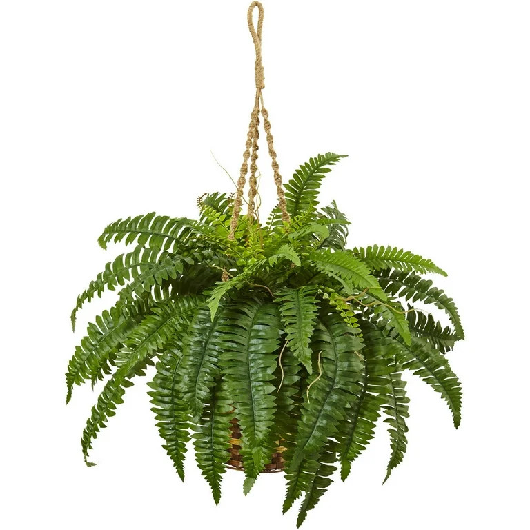 Nearly Natural Boston Fern Hanging Basket with Pinnate Leaflets in Green/Brown | Walmart (US)