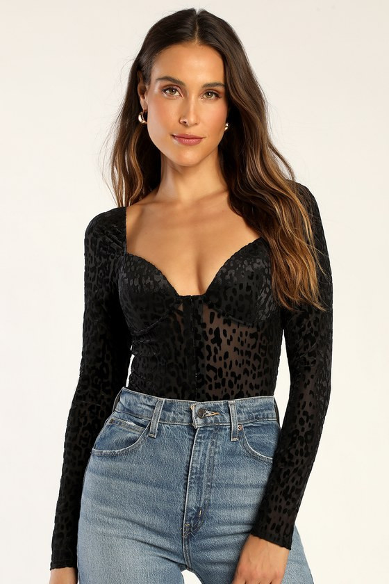 Wild Forever Black Animal Print Sheer Bustier Bodysuit | Lulus