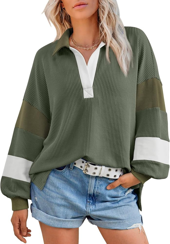 AUTOMET Fall Tops for Women Oversized Long Sleeve Shirts Color Block Fashion 2024 y2k Sweatshirt ... | Amazon (US)