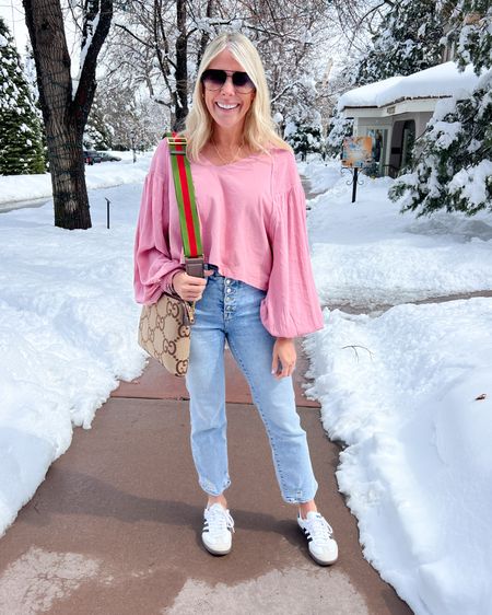 Free people pink top with straight leg jeans and samba sneakers. XS top and 2/26 jeans. I got a 6 in the sambas and I’m a women’s 8. Casual spring outfit ideas Gucci bag sunglasses 

#LTKSeasonal #LTKstyletip #LTKover40