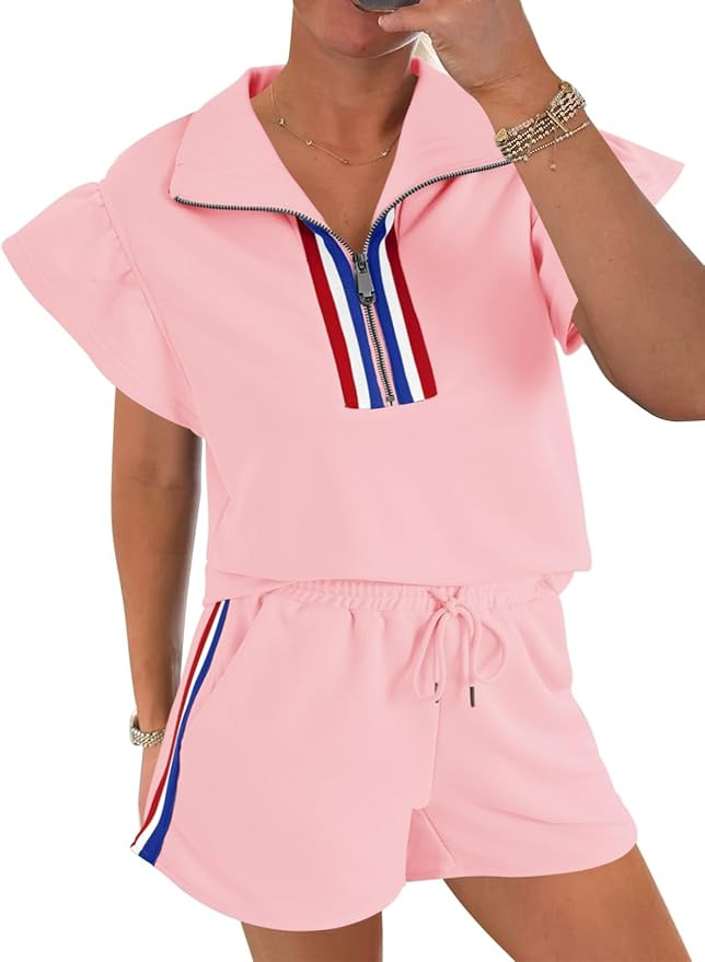 Cicy Bell Womens 2 Piece Outfits Summer Color Block Tracksuits Quarter Zip Cap Sleeve Tops Elasti... | Amazon (US)