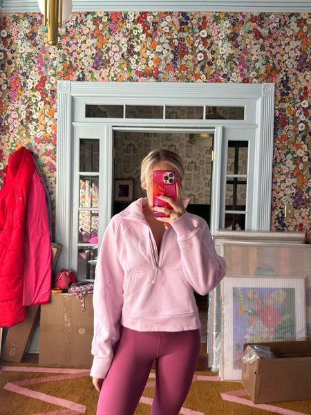 Lululemon strawberry milk half zip cropped scuba wearing size xs runs oversized 

#LTKfitness