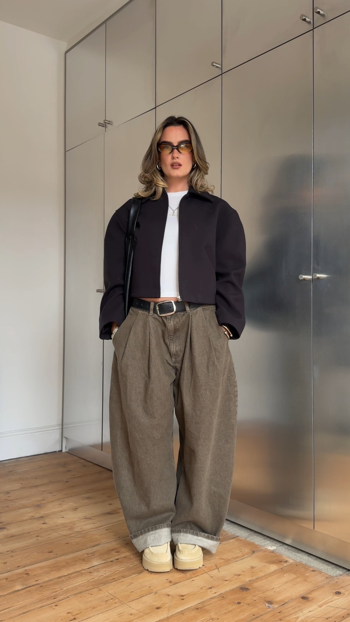 Barrel leg jeans, khaki jeans, black jacket, Clarks wallabees

#LTKuk #LTKautumn #LTKwinter