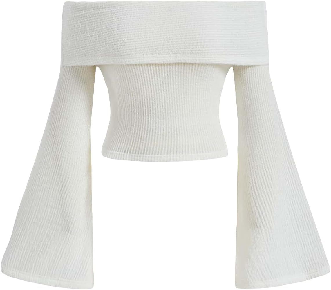 Verdusa Women's Off Shoulder Bell Long Sleeve Slim Fitted Crop Tee Top | Amazon (US)