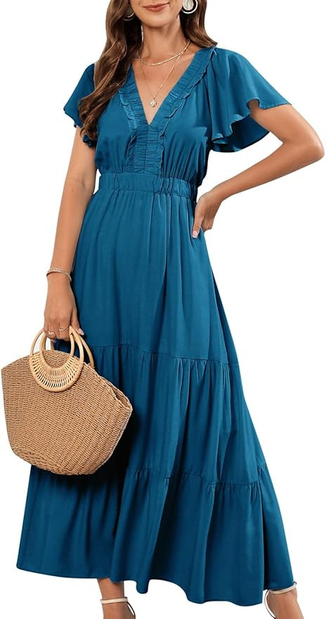 OUGES Women's 2023 Casual Summer Short Sleeve V Neck Maxi Dresses Maternity Photoshoot Baby Showe... | Amazon (US)