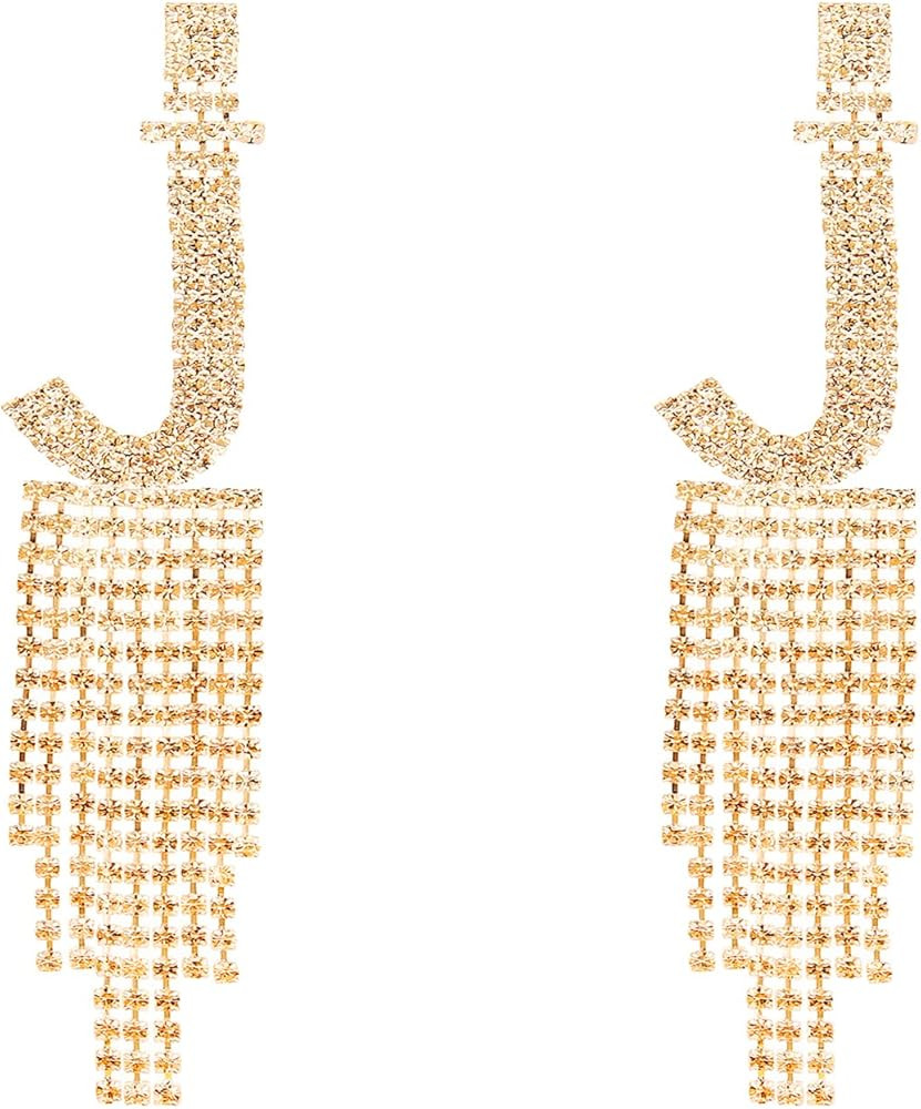 Initial Rhinestone Earrings Sparkle Alphabet Dangle Drop Earrings Clear Crystal Tassel Chandelier St | Amazon (US)