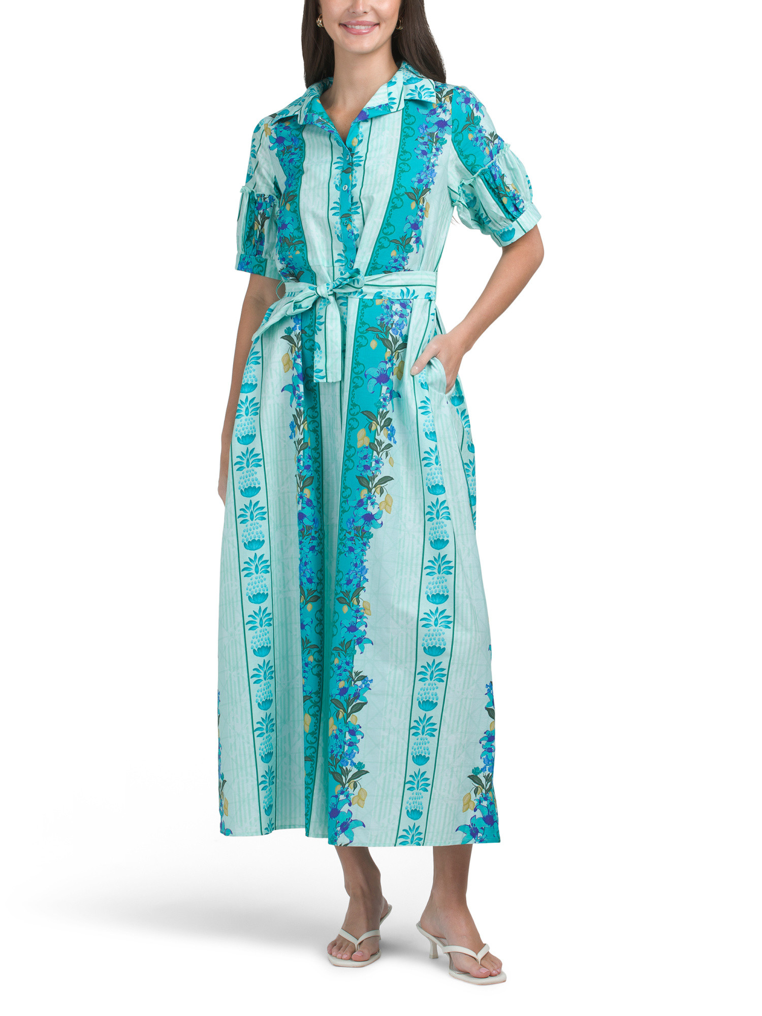 Short Sleeve Belted Striped Floral Maxi Dress | TJ Maxx