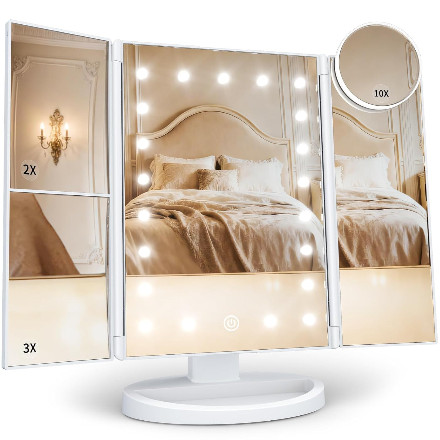 Makeup Mirror Vanity Mirror with Lights, 2X 3X 10X Magnification, Lighted Makeup Mirror, Touch Control, Trifold Makeup Mirror, Dual Power Supply, Portable LED Makeup Mirror, Women Gift (White) | Amazon (US)