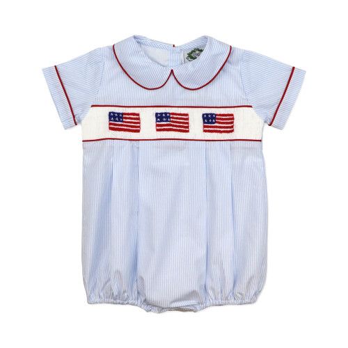 Blue Mini Stripe Smocked Flag Boy Bubble | Cecil and Lou