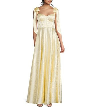 B. Darlin Satin Jacquard Sweetheart Neck Tie Shoulder Side Slit Gown | Dillard's | Dillard's