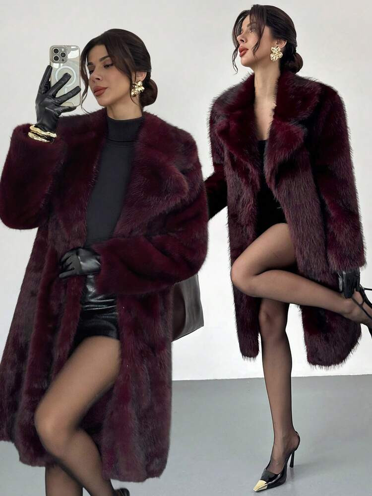 Firerie Women's Elegant Old Money Style Solid Color Anchor Red Faux Fur Long Sleeve Coat, Faux Fur Coats, Autumn Winter New Arrival, Autumn Winter, Fall For Women, Women's Winter Women's Winter , Women's Winter Coat, Fall For Women, Autumn For Women, New Year , Christmas Fur, Chic Women's Coat, Burgundy Coat, Old Money Style, Casual Coat, Annual Party, Burgundy Fur Coat | SHEIN