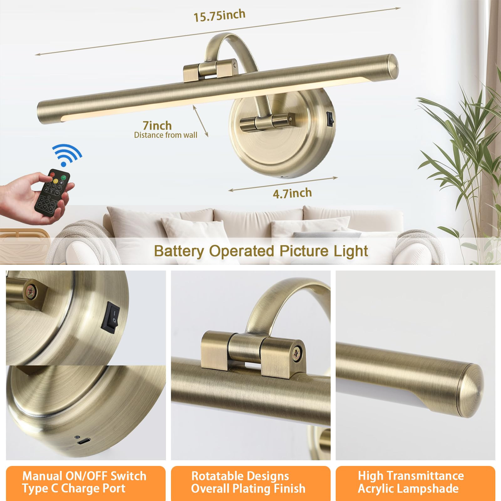 Tassuowell Picture Light for Wall, Battery Operated Art Light, Picture Frame Light with Remote & Timer, Cordless Wall Light with 3 Colors Modes for Pantings, Photo Gallery(Antique Bronze, 15.7inch) - Amazon.com | Amazon (US)