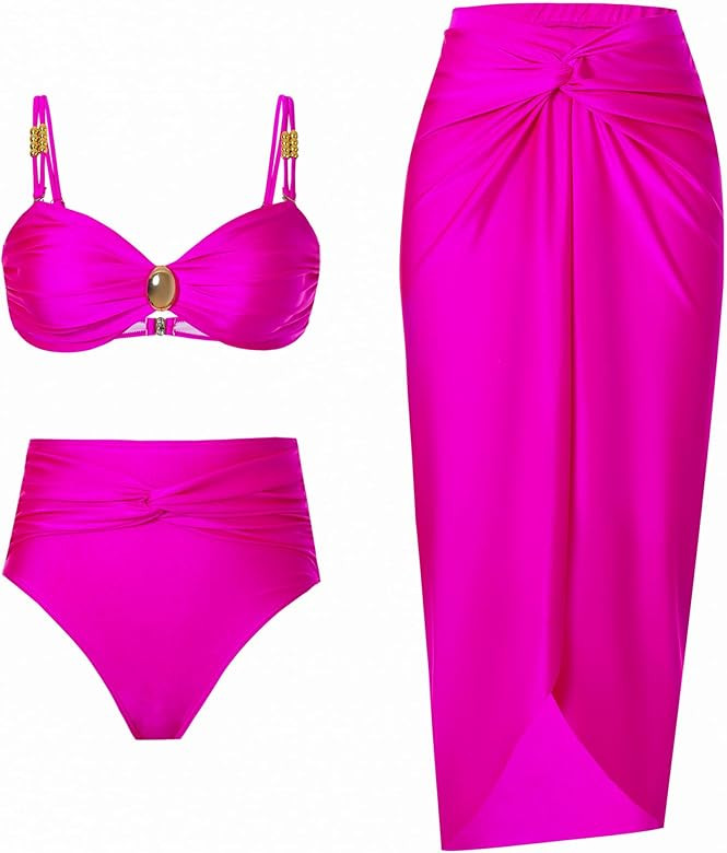 Women's One Piece Swimsuit with Cover up Set Beach Wrap Skirt Retro Bikini Set Two Piece Bathing ... | Amazon (US)