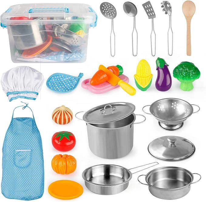 D-FantiX Play Kitchen Accessories, Kids Play Pots and Pans Playset with Mini Stainless Steel Pret... | Amazon (US)