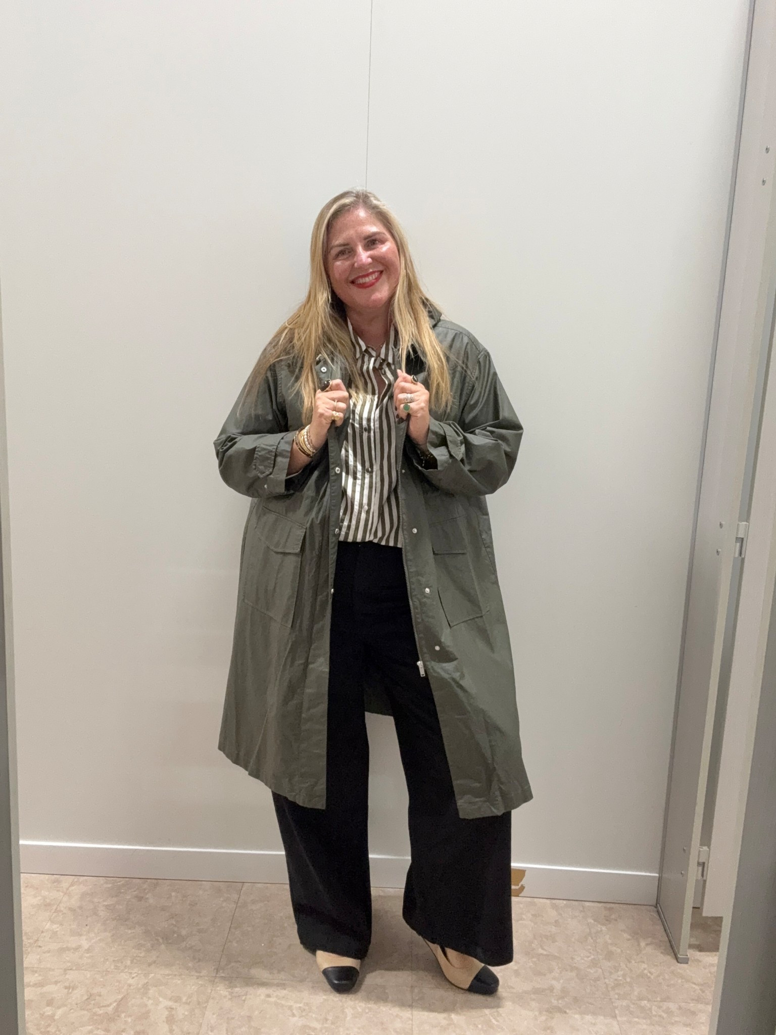 Khaki Wax long jacket, wide leg black jeans, khaki striped shirt 

#LTKplussize #LTKautumn #LTKcurves