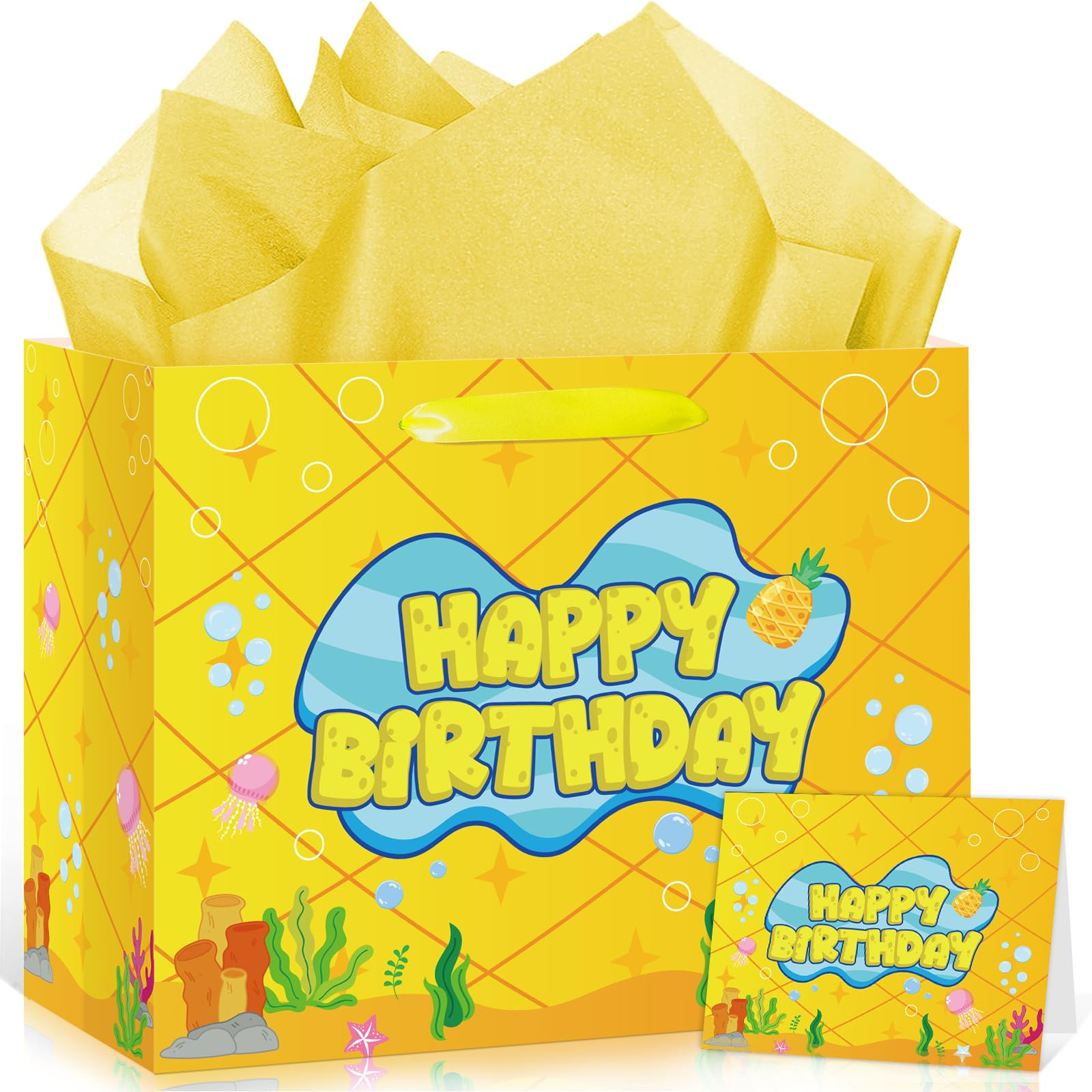 Amazon.com: Ocean Pineapple Birthday Gift Bag Funny Pineapple Gift Bag with Tissue Paper Card Yellow Ocean Wrapping Paper Bags for Boy Girl Kid Under the Sea Hawaiian Cartoon Bday Baby Shower Party Favor Supplies : Health & Household | Amazon (US)