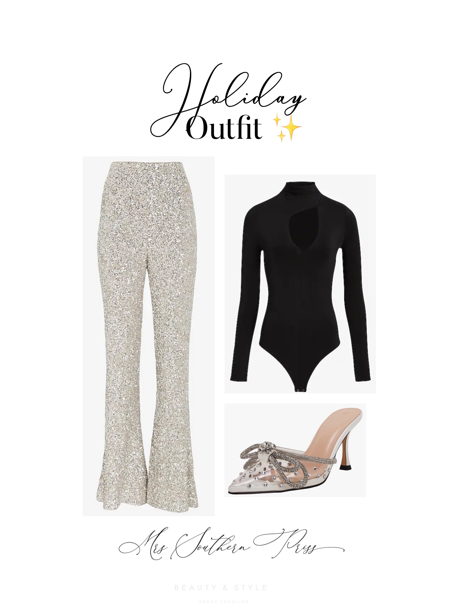 Holiday outfit 

Silver sequin flare pants 
Black cutout bodysuit 
Crystal bow heels 

•
•
•
Holiday glam
Sequin pants
Flare pants
New years eve outfit
Sequin outfit 

#LTKSeasonal #LTKstyletip #LTKHoliday