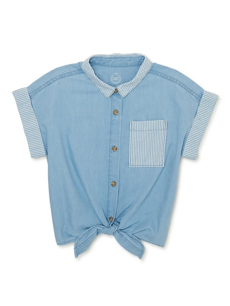 Wonder Nation Girls Short Sleeve Woven Tie-Front Camp Shirt, Sizes 4-18 & Plus | Walmart (US)