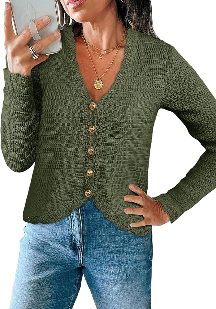 Saodimallsu Womens V Neck Cardigan Sweaters Trendy Cropped Knit Boho Tops | Amazon (US)