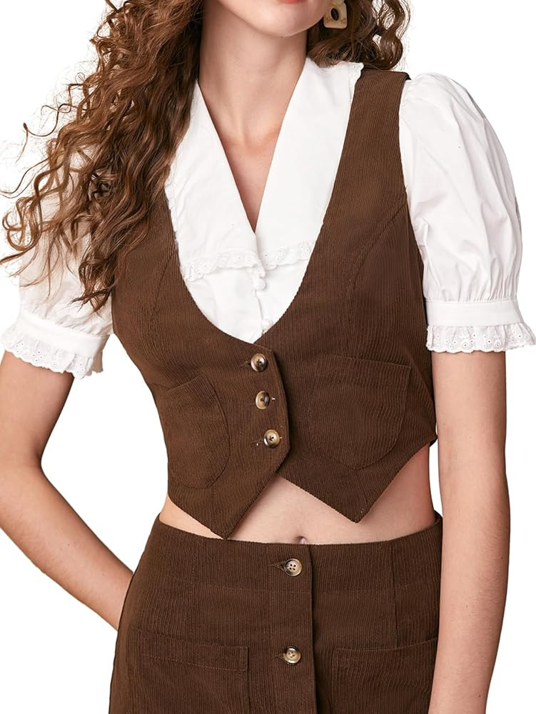 Verdusa Women's Button Front Scoop Neck Sleeveless Patch Pocket Crop Vest Blazer Jacket | Amazon (US)