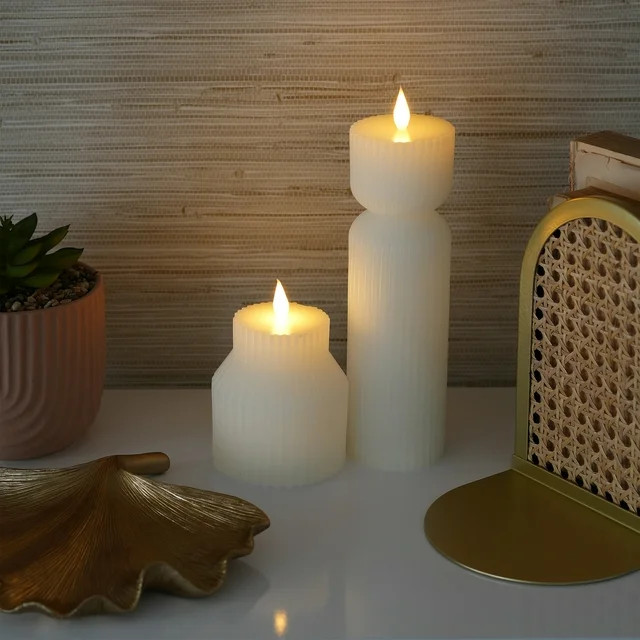 LED Flameless 2 PC  Fluted Figural White Wax Tabletop Candle Set | Walmart (US)