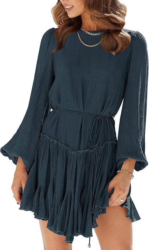 ANRABESS Women's Crewneck Puff Long Sleeve Babydoll Dress Tie Waist Ruffle Tiered A-Line Flowy Sw... | Amazon (US)