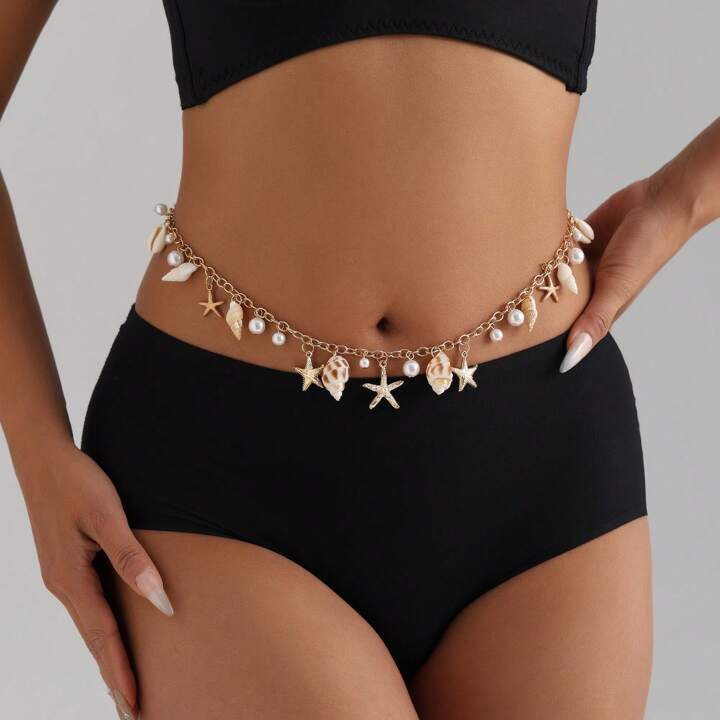 1pc Summer Beach Shell, Pearl, Starfish & Conch Tassel Waist Chain Belt For Women | SHEIN
