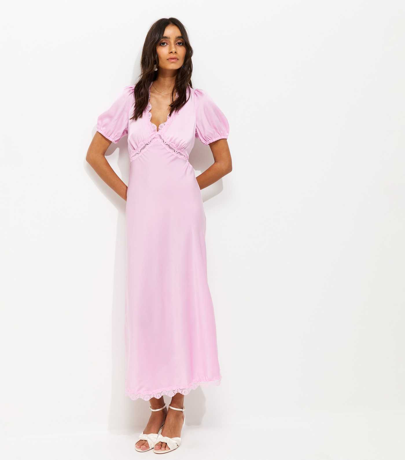 Lilac Satin Lace Trim Tea Midi Dress | New Look | New Look (UK)