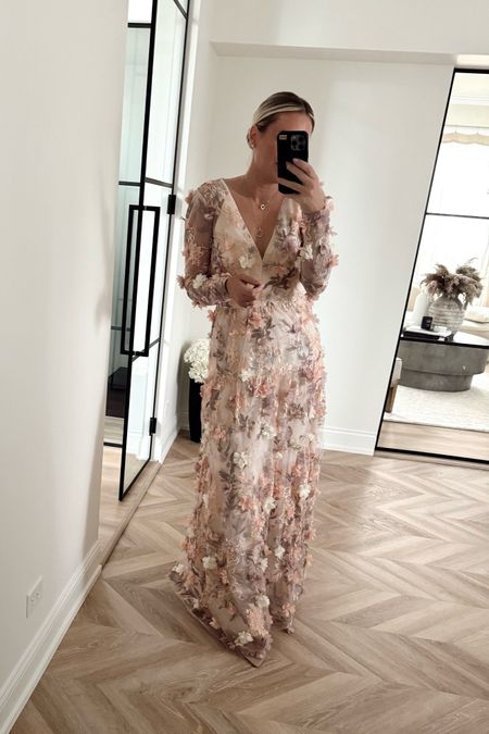 This dress!😍 3D florals- love the detailing. Great option for any formal event. STUNNING. I did my TTS but it was tight in chest area- maybe size up for larger busts. 

Formal dress. Long sleeve dress. Formal gown. Spring formal dress. Wedding guest dress. 

#LTKstyletip #LTKSeasonal #LTKparties
