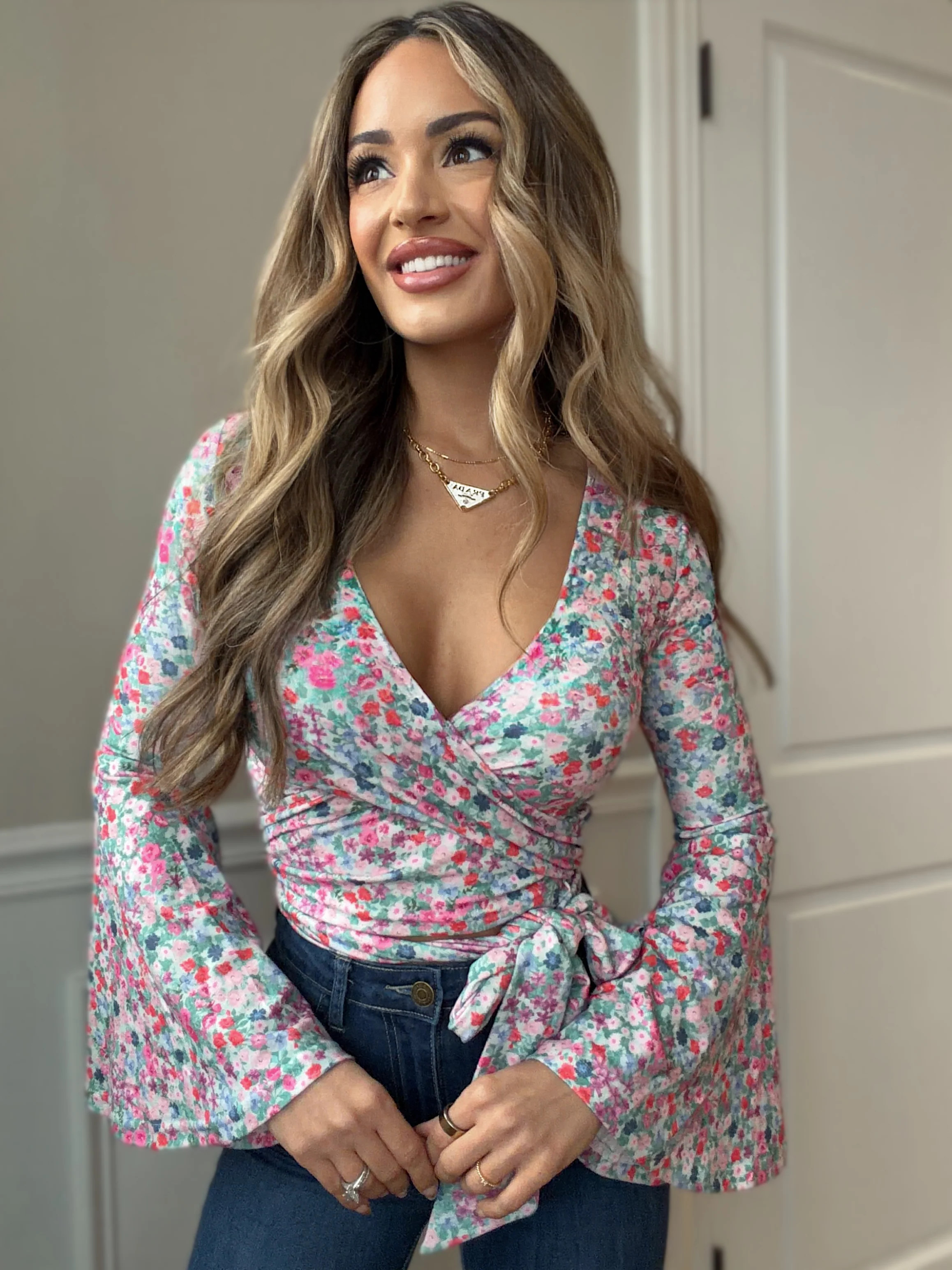 Woodstock Floral Bell Sleeve Wrap Top - Wild Petal | Willow Boutique