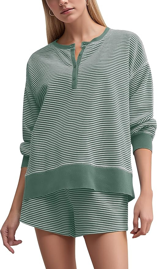 OLAPTA Women Striped 2 Piece Lounge Outfits Button Down Long Sleeve Loose Sweatshirts Color Block... | Amazon (US)
